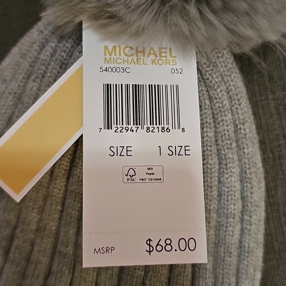 Michael Kors Cable Knit Fleece Lined Cuffed Pom Pom Winter Gray Beanie hat MK main image 8